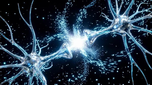Neurons transmit electrical signals across a synaptic gap with bright sparks and floating particles. Glowing blue light and dynamic motion suggest neural communication and connectivity in a microscopi