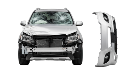 Damaged silver SUV, crumpled hood, shattered windshield, pristine silver bumper on transparent studio background. Clinical vehicle damage analysis.