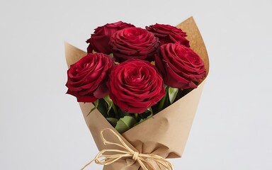 Red rose bouquet wrapped in brown paper for Valentine's Day or wedding gift isolated 3D render.