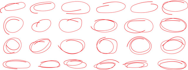 Collection of hand drawn red marker circles and oval shapes scattered randomly across a white background.