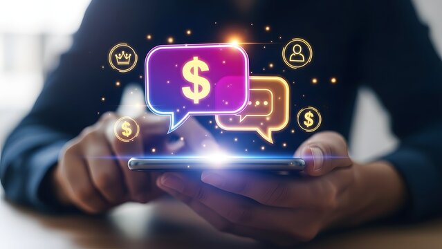 A person using a smartphone displaying financial communication and digital currency icons - Powered by Adobe