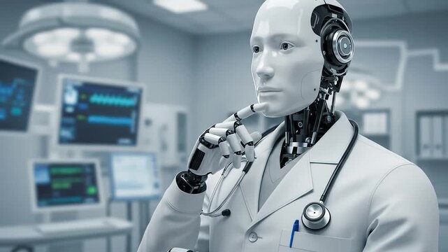 Close-up of an advanced AI medical robot assisting in healthcare and medical technology