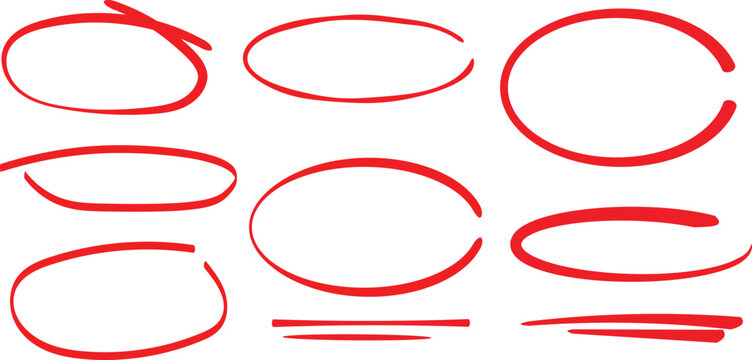 Set of various hand drawn red highlight circles and underlines indicating important text markings for design..