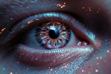Close-up of a futuristic bionic human eye with glowing digital circuit board