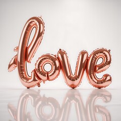 3D rose gold LOVE foil balloon lettering with reflection for Valentine's Day isolated.