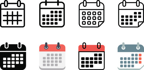 Modern calendar icon set with flat and outline styles for scheduling, events, planning apps and web UI design projects