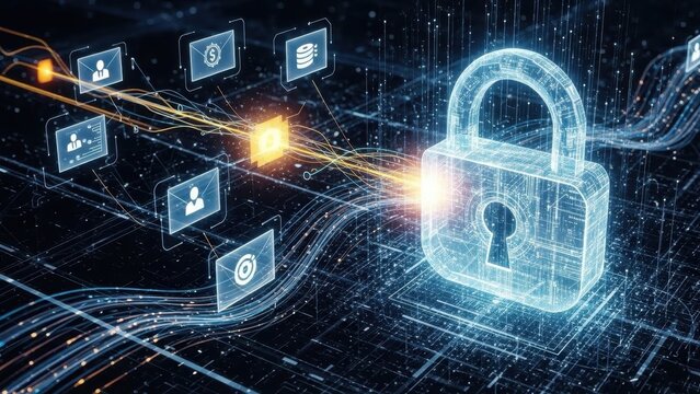 Digital padlock icon representing cybersecurity and data protection in a network - Powered by Adobe