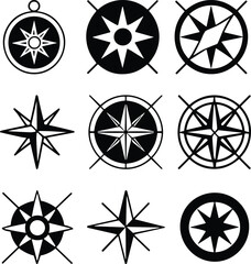 Essential collection of nine detailed black vector compass rose icons and nautical star symbols, representing navigation, direction, and global travel concepts.