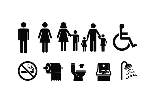 Public Restroom and Facility Information Signage Icon Set Bathroom Symbols for Wayfinding and Navigation