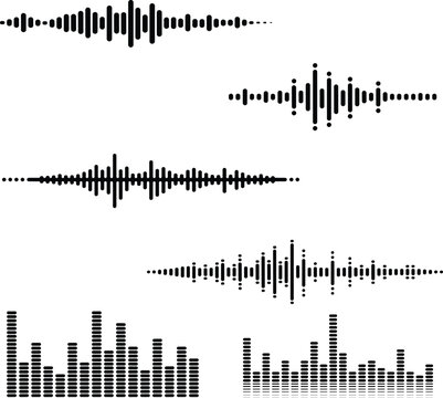 Dynamic black sound waves and audio equalizer bars set, representing digital music frequency analysis and voice recording technology.