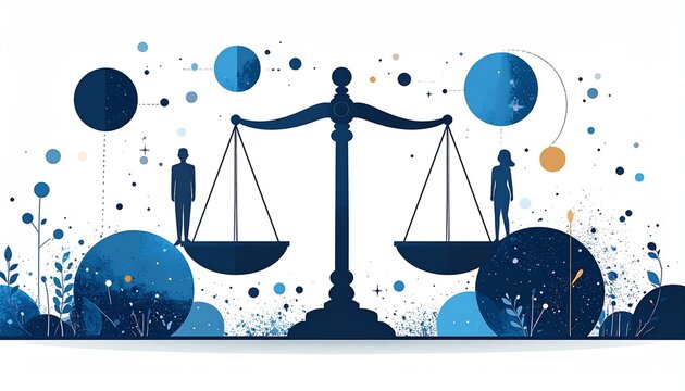 Ilustraci&oacute;n plana de un grupo diverso de personas sosteniendo piezas de rompecabezas bajo una balanza gigante, simbolizando la justicia social y la igualdad.