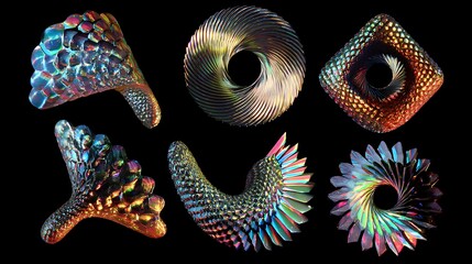 Collection of colorful iridescent 3d abstract shapes on black background, modern futuristic design elements