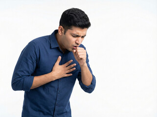 intense coughing young indian man experiencing chest discomfort and breathing distress isolated on white for medical and insurance awareness