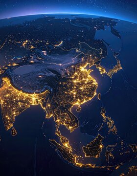 Striking satellite view of East and Southeast Asian metropolitan light pollution against the dark Earth.