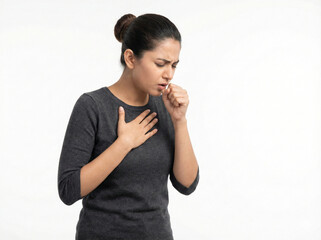 young fair skinned indian woman coughing with hand on chest showing respiratory illness isolated on white background with copy space