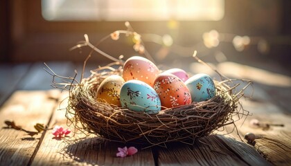 A sunlit bird's nest filled with brightly colored, decorated Easter eggs rests on weathered wooden planks.