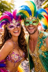 Obraz premium Couple Samba Dancers Wearing Feather Masks at Rio Carnival Portrate