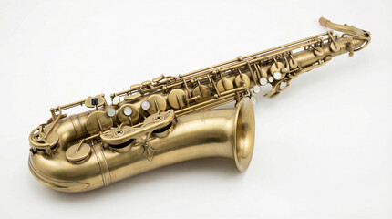 Saxophone Isolated on White Background, Professional Brass Alto Saxophone Instrument with Detailed Keys and Mouthpiece for Music Performance and Studio Use
