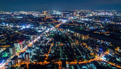 Fototapeta premium Expansive aerial view of a sprawling city illuminated by countless lights at night.