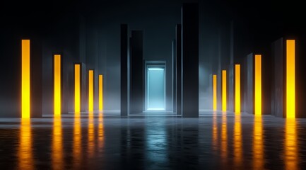 Dark room with a large open door in the middle. The room is lit by a series of yellow lights