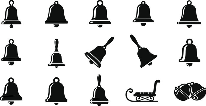 Set of Bell Icons Hand Bell, Christmas Sleigh Bells, and School Bell Vector Silhouettes