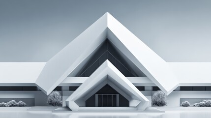 Large white building with a triangular roof. The building has a modern design