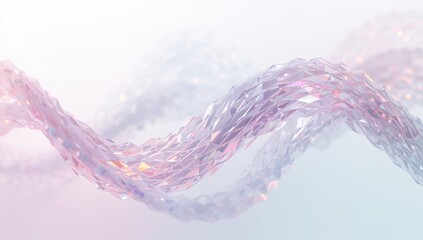 Abstract three dimensional rendering of a translucent flowing crystal ribbon twisting gracefully against a bright ethereal white and soft pale blue gradient background suggesting magic or luxury