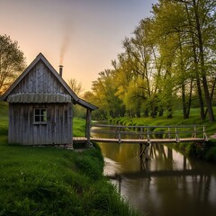 Obraz premium Rustic wooden cabin by serene river.