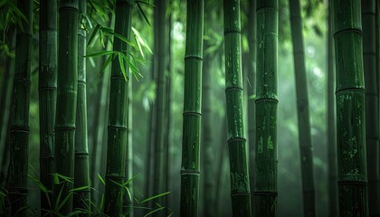 Fototapeta premium A dense, atmospheric close-up of tall, deep green bamboo stalks in a misty forest setting.