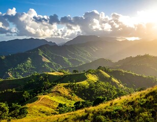 Sunny mountain range with lush green hills and cloudy sky