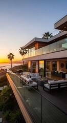 Fototapeta premium Modern beachfront house at sunset.
