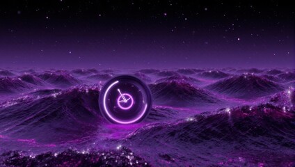Abstract Neon Clock on Wavy Purple Surface Under Starry Sky.