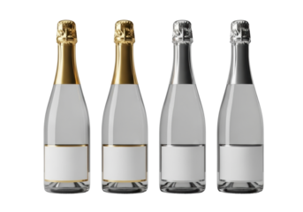 Four identical premium champagne bottles with gold/silver foil and blank white labels, perfectly aligned on a seamless transparent background. Concept for luxury beverage branding