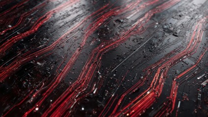 Abstract Red and Black Circuit Board Pattern with Glowing Lines.