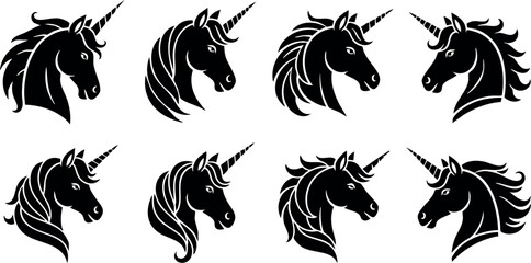 Unicorn head silhouettes set with varied mane styles in black vector illustration  © PixelPaletteArt