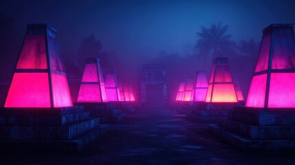 A mystical, illuminated landscape featuring glowing pink structures amidst a foggy setting with palm trees.