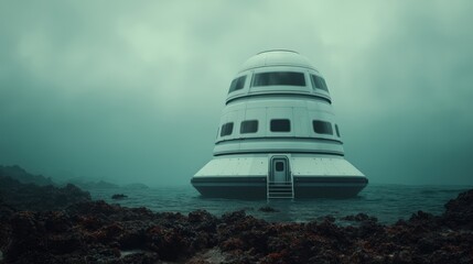 A futuristic structure resembling a spacecraft sits on rocky waters under a cloudy sky, creating a mysterious and surreal atmosphere.