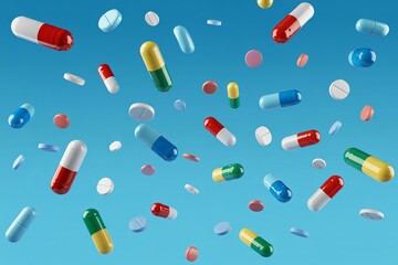 Colorful pills and capsules floating in the air against a blue background