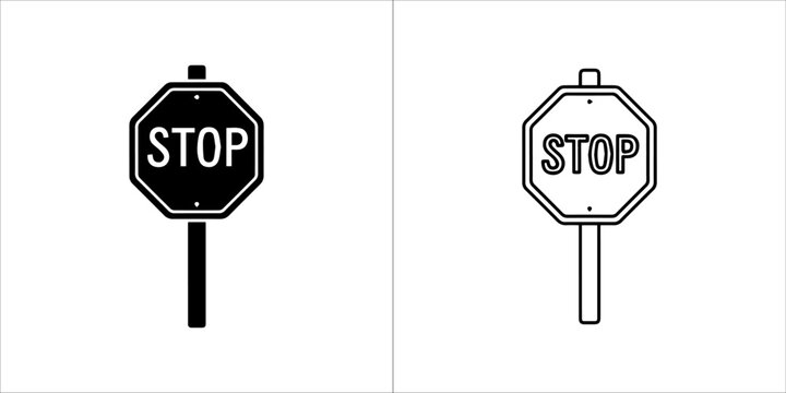 Matching stop sign vector icons with modern line art outline and bold solid silhouette design
