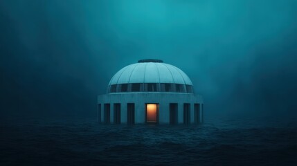 Obraz premium A solitary dome structure emerges from dark waters, illuminated by a warm glow from an open door, creating an eerie yet intriguing atmosphere.