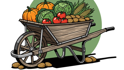 Vibrant Vegetables and Fruits in Wooden Wheelbarrow.