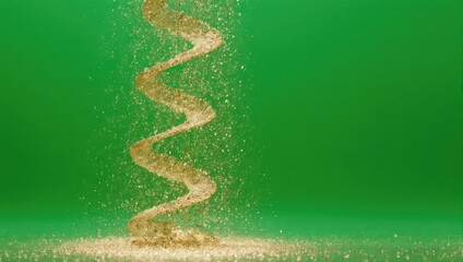 Obraz premium Abstract swirling golden particles forming a DNA helix shape against a vibrant green background.