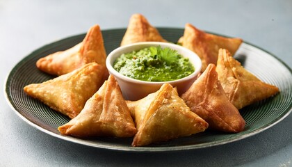 golden fried samosas filled with savory vegetables served with vibrant green chutney