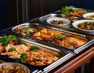 abundant buffet spread showcasing diverse culinary delights in gleaming serving trays
