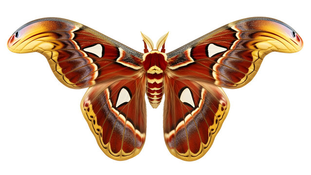 Atlas moth with detailed wing patterns captured in macro studio photography. Isolated on White background