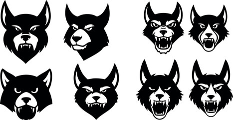 Fototapeta premium Black and white wolf head icons in fierce and calm expressions vector illustration set 