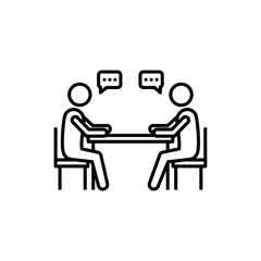 Two people talking at a table with speech bubbles, business meeting icon