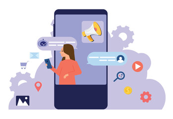 AI mobile marketing with automated communication system, brand connects directly to customer, store location sharing and offers via chatbot messages.