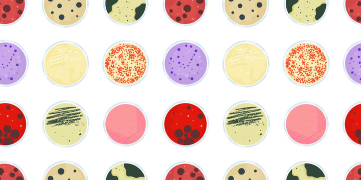 Seamless pattern of colorful Petri dishes with bacterial colonies. Science, microbiology, and lab background.