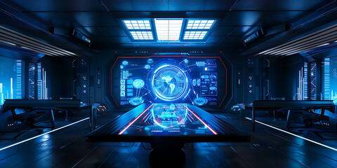 Futuristic Control Room with Holographic Globe